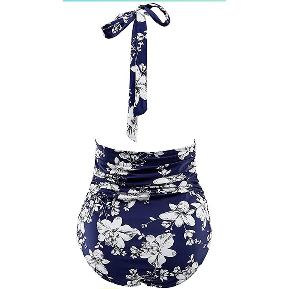 Blue & White Floral Swimsuit Tummy Control Swimwear V Neck Bathing Suit XXL - Picture 3 of 7